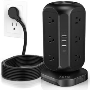 Power Strip Tower AOFO Surge Protector 12 AC Outlets with 4 USB(1 USB C) Ports Charging Station with Overload Protection, Widely Spaced Multiple Outlets with 10Ft Extension Cord for Home,Dorm & Office