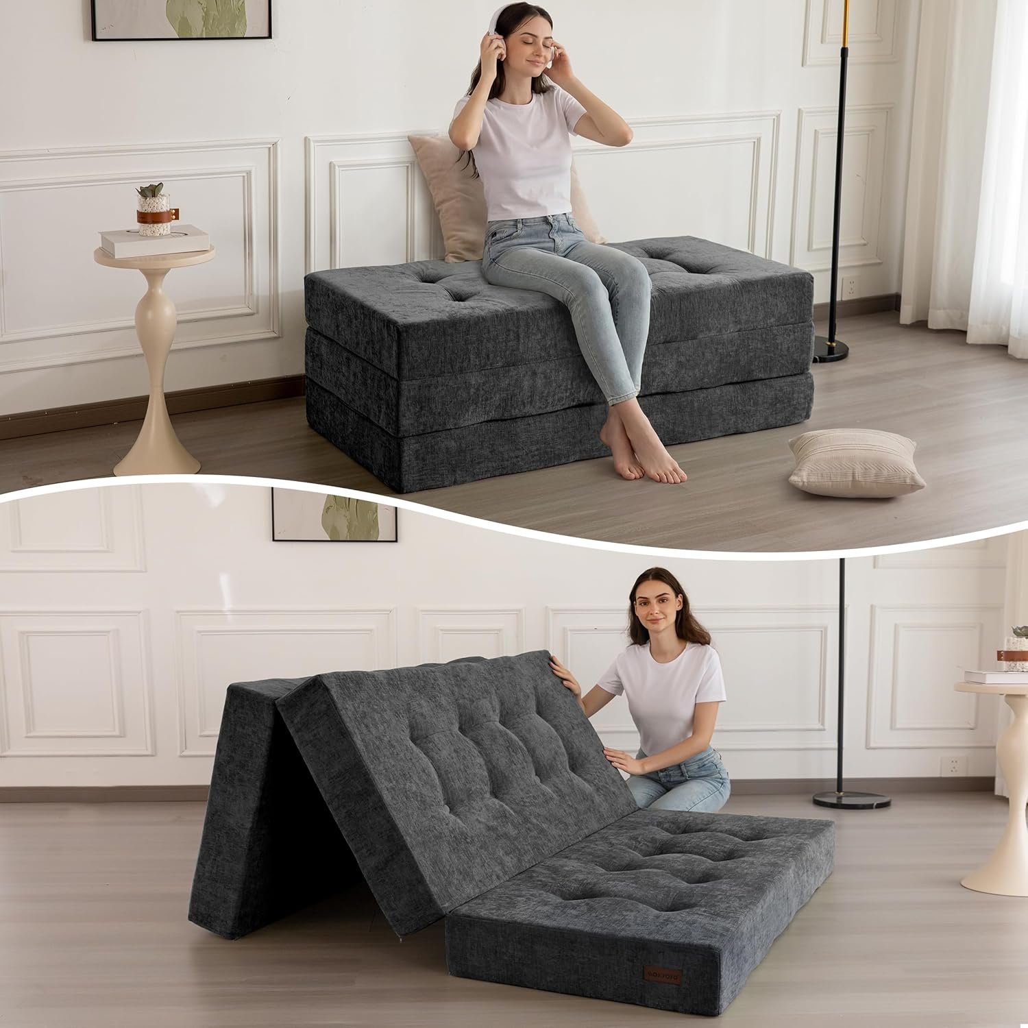 Folding Sofa Bed for Floor, Tufted Tri-Fold Floor Mattress with Chenille Fabric